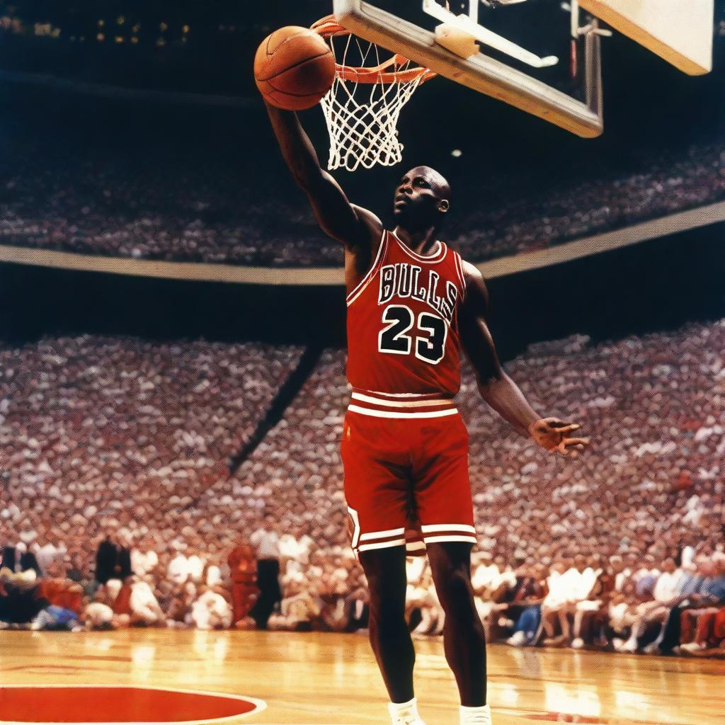 A thrilling and action-packed scene where Michael Jordan is dunking a basketball over Jesus