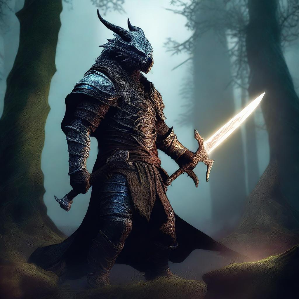 A powerful dragonborn warlock wielding a mystical sword, standing in a dark and enchanted forest