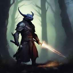 A powerful dragonborn warlock wielding a mystical sword, standing in a dark and enchanted forest