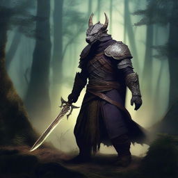 A powerful dragonborn warlock wielding a mystical sword, standing in a dark and enchanted forest