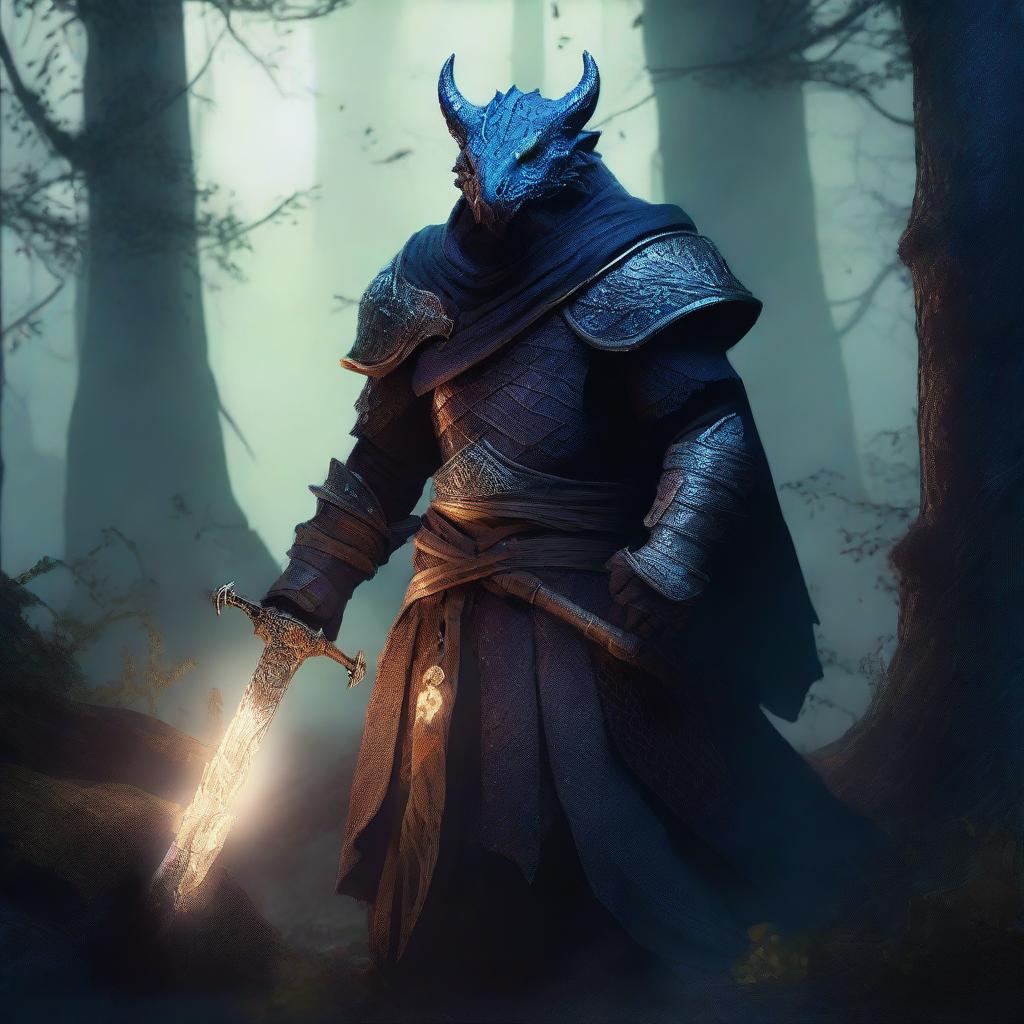 A powerful dragonborn warlock wielding a mystical sword, standing in a dark and enchanted forest