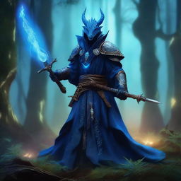 A blue dragonborn sorcerer wielding a hexblade, standing in a mystical forest with glowing runes and magical energy swirling around