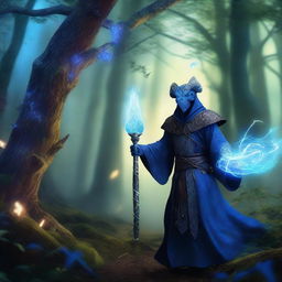 A blue dragonborn sorcerer wielding a hexblade, standing in a mystical forest with glowing runes and magical energy swirling around