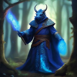 A blue dragonborn sorcerer wielding a hexblade, standing in a mystical forest with glowing runes and magical energy swirling around