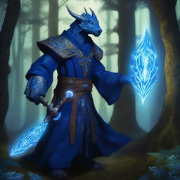 A blue dragonborn sorcerer wielding a hexblade, standing in a mystical forest with glowing runes and magical energy swirling around