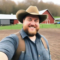 A selfie of a curvy farmer in a farm setting