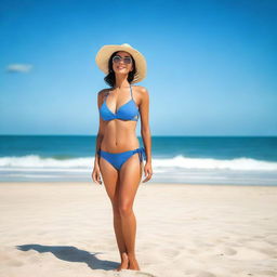 A woman wearing a stylish bikini, standing on a sunny beach with clear blue skies