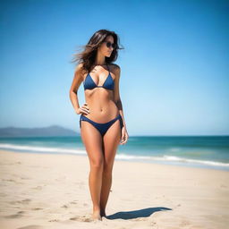 A woman with an exaggerated hourglass figure, wearing a stylish thong bikini, standing on a sunny beach with clear blue skies