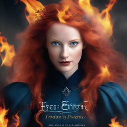 Design a book cover featuring a red-haired woman with blue eyes wearing a black medieval dress