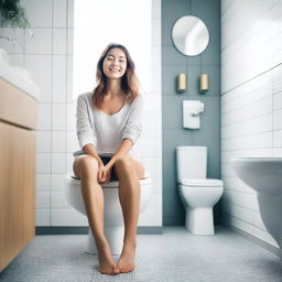 A young woman sitting on a toilet in a clean and modern bathroom