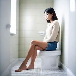 A young woman sitting on a toilet in a clean and modern bathroom