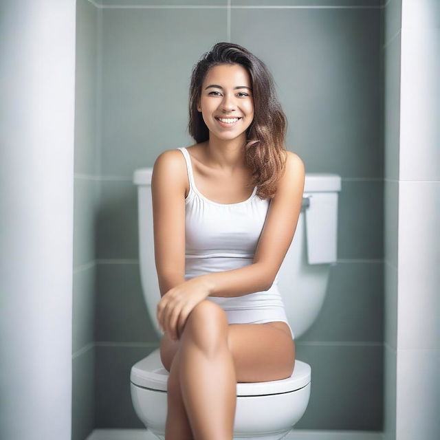 A young woman sitting on a toilet in a clean and modern bathroom