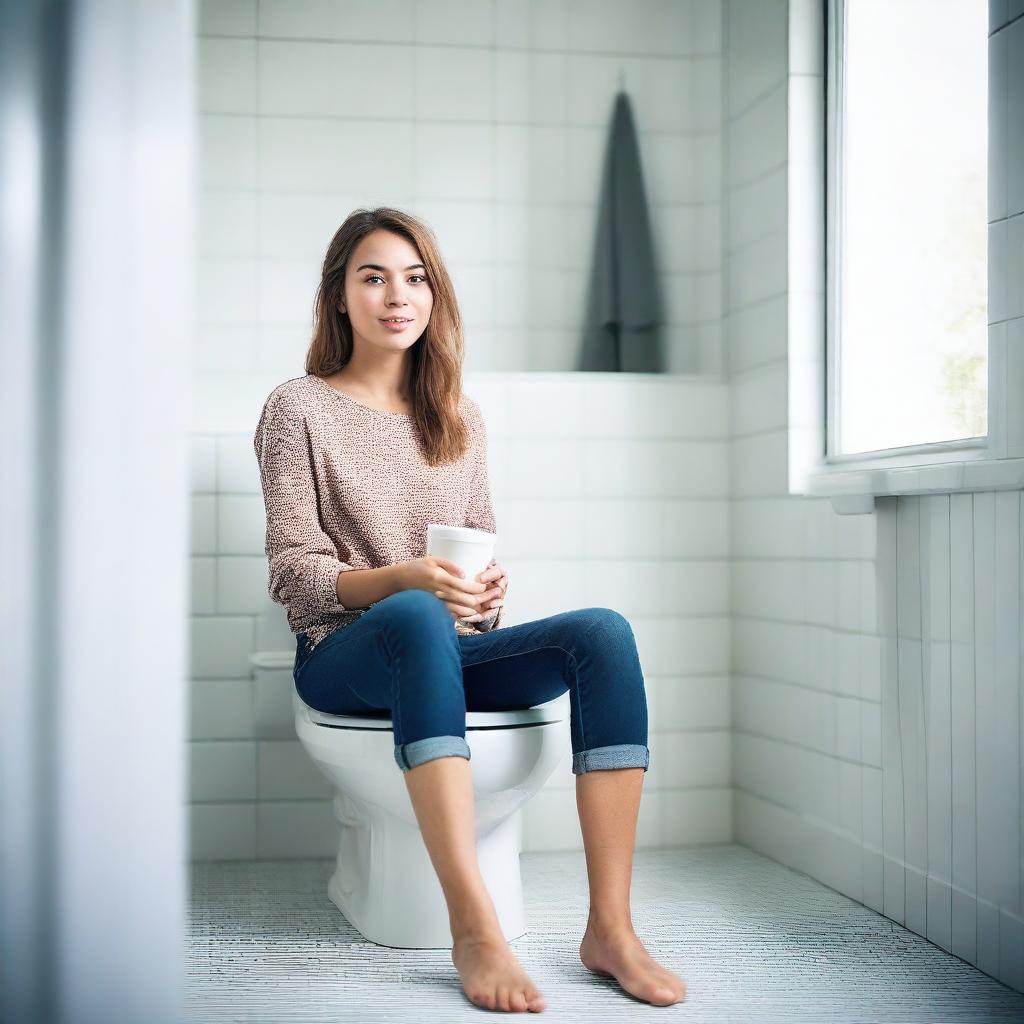 A young woman sitting on a toilet in a clean and modern bathroom, appearing relaxed and casual