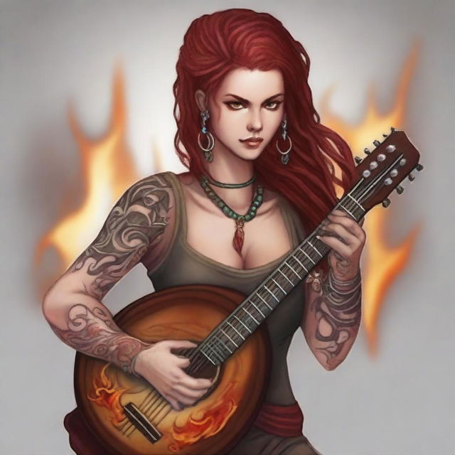 A fire genasi woman bard with red dreadlocks and hazel eyes, sporting a tattoo