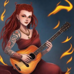 A fire genasi woman bard with red dreadlocks and hazel eyes, sporting a tattoo