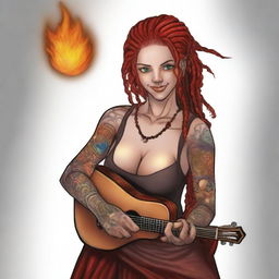 A fire genasi woman bard with red dreadlocks and hazel eyes, sporting a tattoo