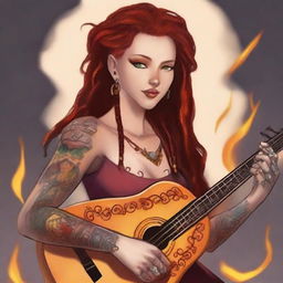 A fire genasi woman bard with red dreadlocks and hazel eyes, sporting a tattoo