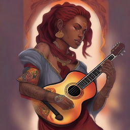A Dungeons & Dragons fire genasi woman bard with dark skin, red dreadlocks, and hazel eyes
