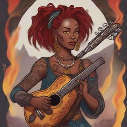 A Dungeons & Dragons fire genasi woman bard with dark skin, red dreadlocks, and hazel eyes