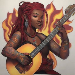 A Dungeons & Dragons fire genasi woman bard with dark skin, red dreadlocks, and hazel eyes