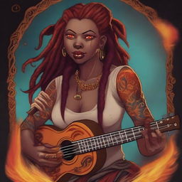 A Dungeons & Dragons fire genasi woman bard with dark skin, red dreadlocks, and hazel eyes