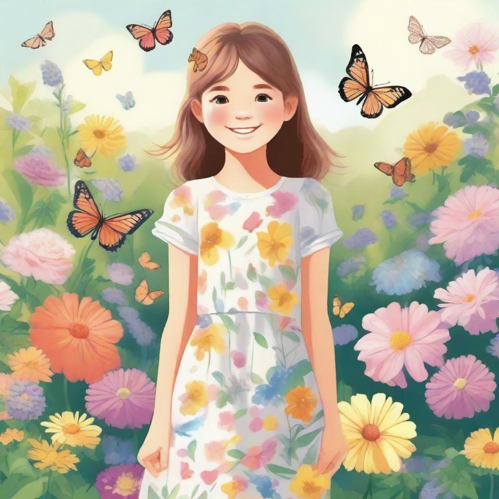 A detailed illustration of a young girl standing in a beautiful garden, surrounded by colorful flowers and butterflies