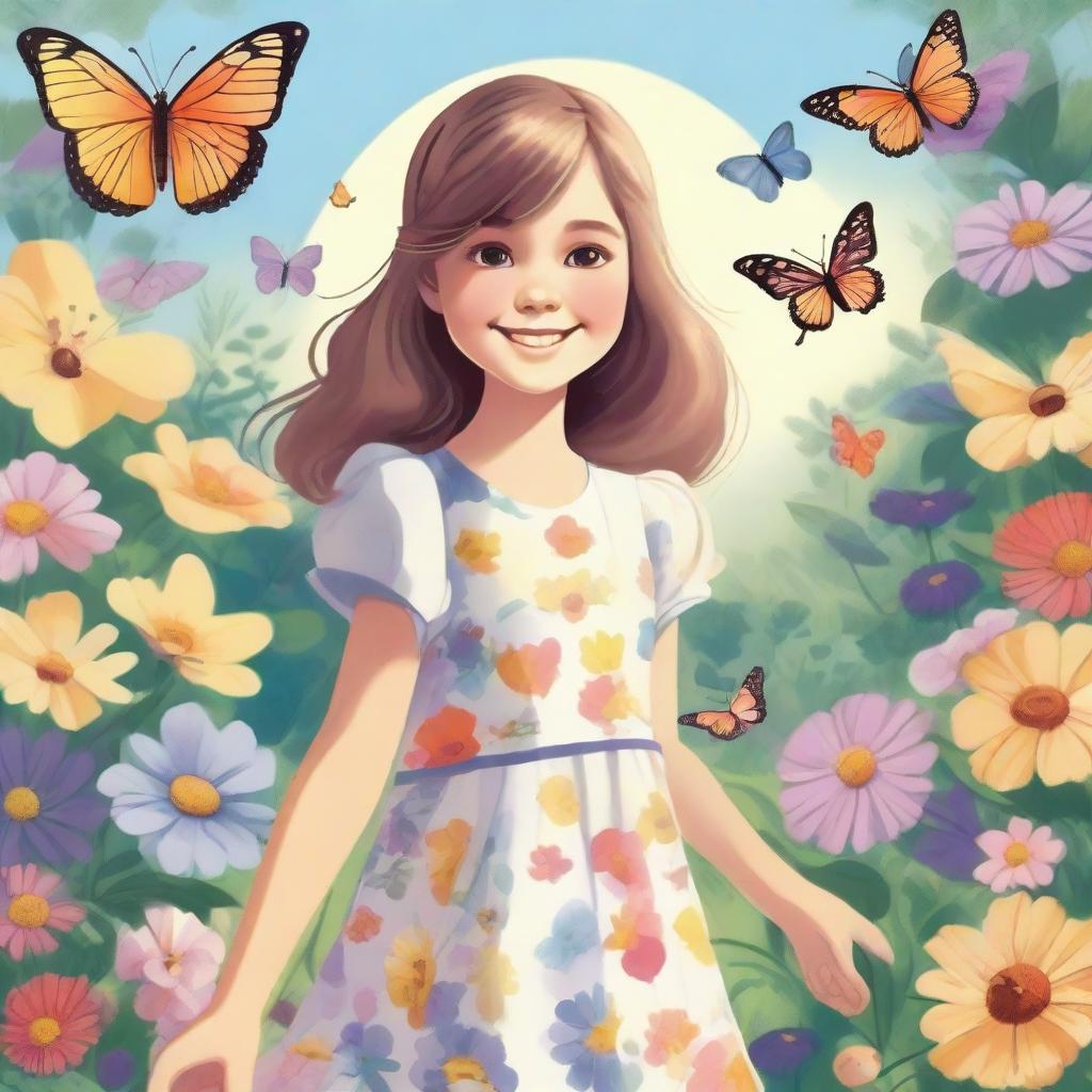 A detailed illustration of a young girl standing in a beautiful garden, surrounded by colorful flowers and butterflies