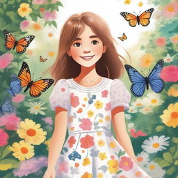 A detailed illustration of a young girl standing in a beautiful garden, surrounded by colorful flowers and butterflies