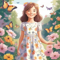 A detailed illustration of a young girl standing in a beautiful garden, surrounded by colorful flowers and butterflies