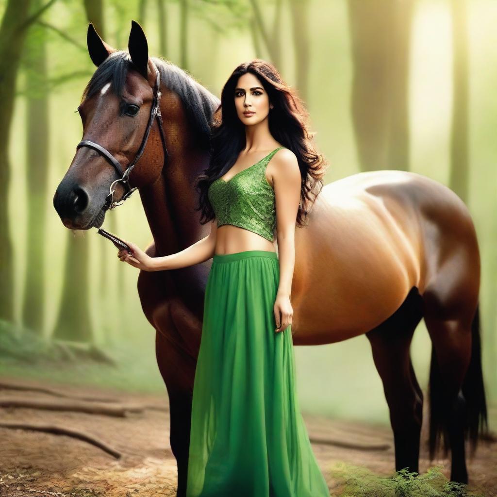 A beautiful and hot Katrina Kaif standing gracefully next to a majestic horse in a lush, green forest