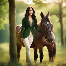 A beautiful and hot Katrina Kaif standing gracefully next to a majestic horse in a lush, green forest