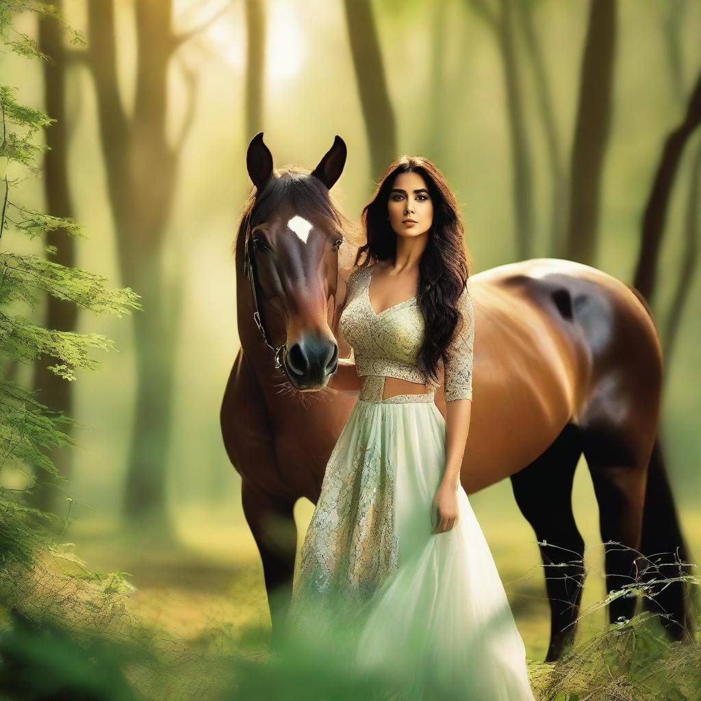 A beautiful and hot Katrina Kaif standing gracefully next to a majestic horse in a lush, green forest