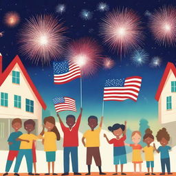 A vibrant and festive scene celebrating Independence Day, featuring fireworks lighting up the night sky, people waving flags, and children playing with sparklers