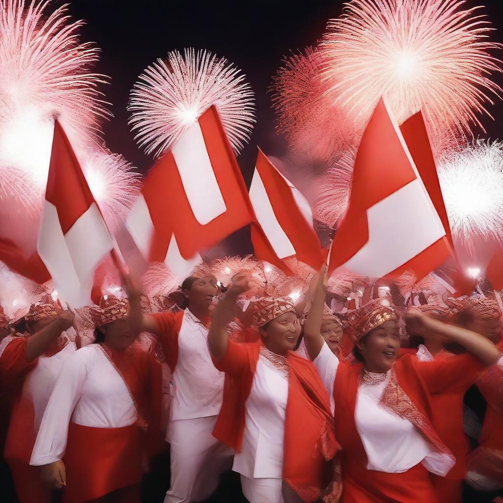 A vibrant celebration of Indonesia's Independence Day on August 17th, featuring people waving Indonesian flags, traditional dances, and fireworks lighting up the night sky