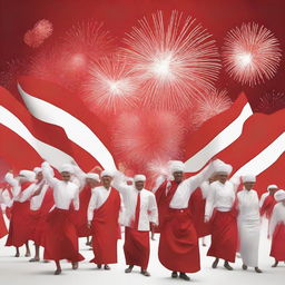 A vibrant celebration of Indonesia's Independence Day on August 17th, featuring people waving Indonesian flags, traditional dances, and fireworks lighting up the night sky