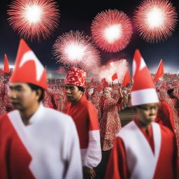 A vibrant celebration of Indonesia's Independence Day on August 17th, featuring people waving Indonesian flags, traditional dances, and fireworks lighting up the night sky