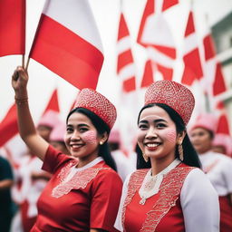 A vibrant celebration of Indonesia's Independence Day on August 17th, featuring people waving Indonesian flags, traditional dances, and fireworks lighting up the night sky