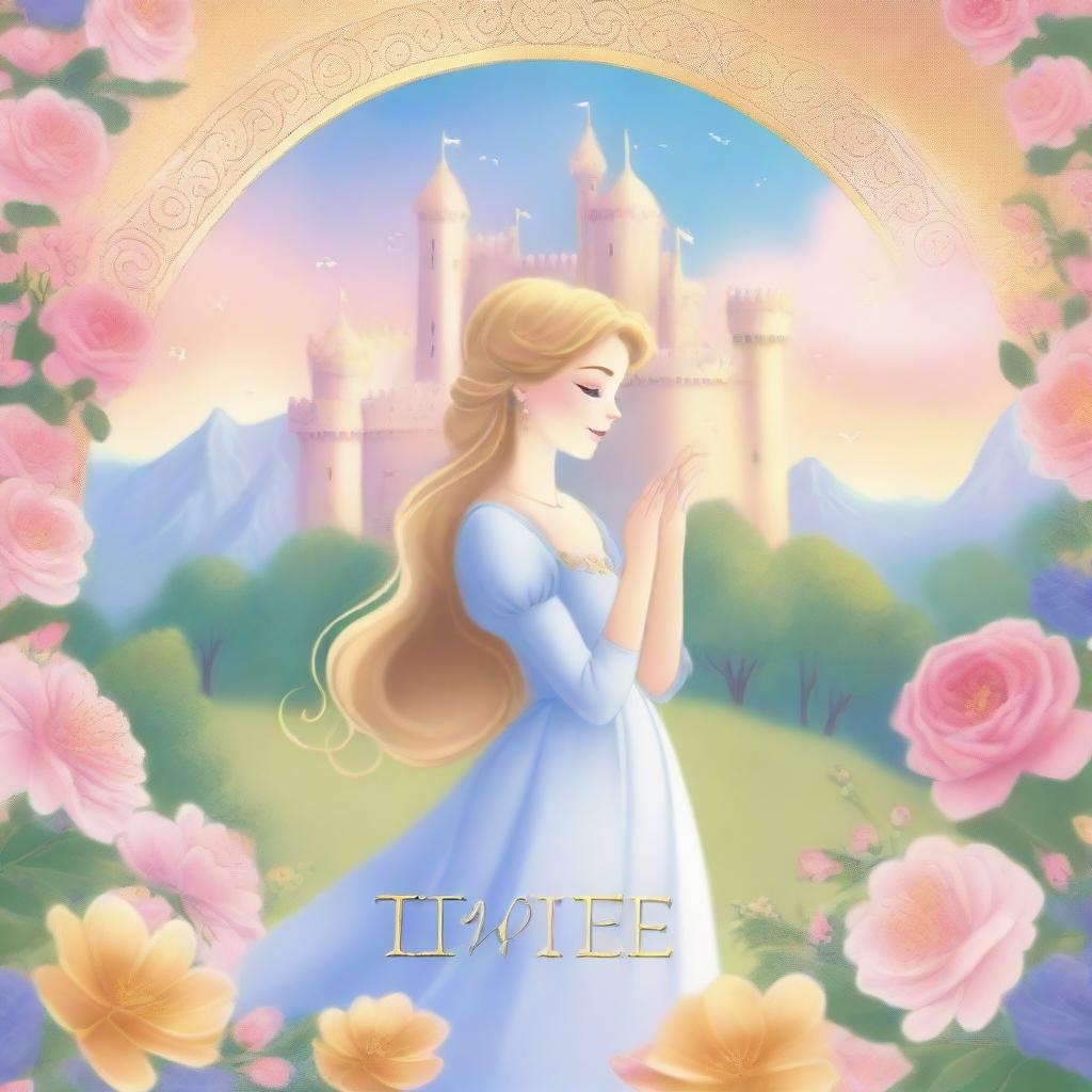 A beautiful book cover featuring two princesses in a romantic embrace, set in a magical kingdom