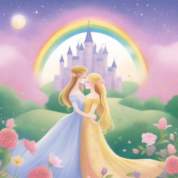 A beautiful book cover featuring two princesses in a romantic embrace, set in a magical kingdom