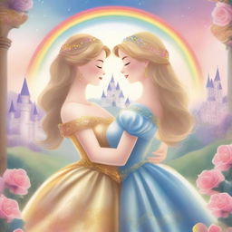 A beautiful book cover featuring two princesses in a romantic embrace, set in a magical kingdom