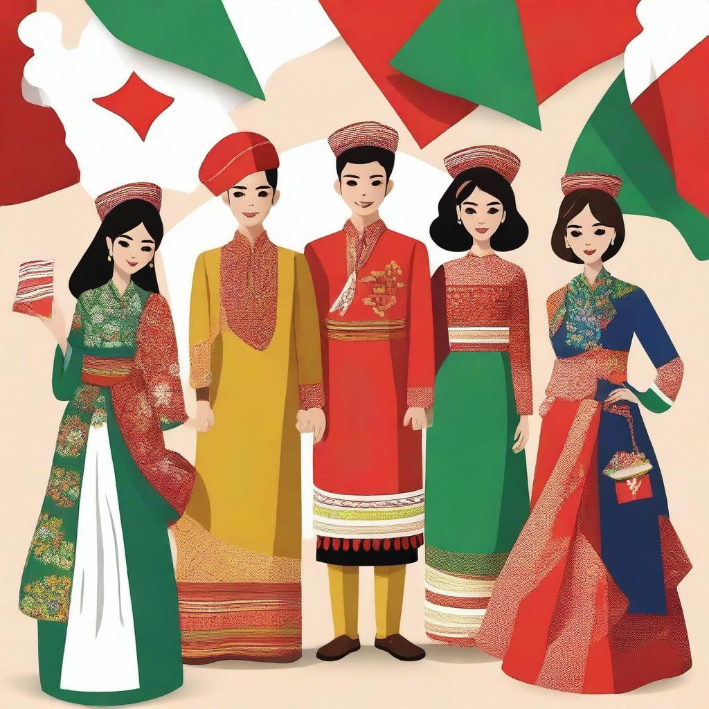 A vibrant and festive illustration of traditional Indonesian clothing worn during the 17th of August celebrations