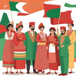 A vibrant and festive illustration of traditional Indonesian clothing worn during the 17th of August celebrations