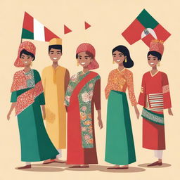 A vibrant and festive illustration of traditional Indonesian clothing worn during the 17th of August celebrations