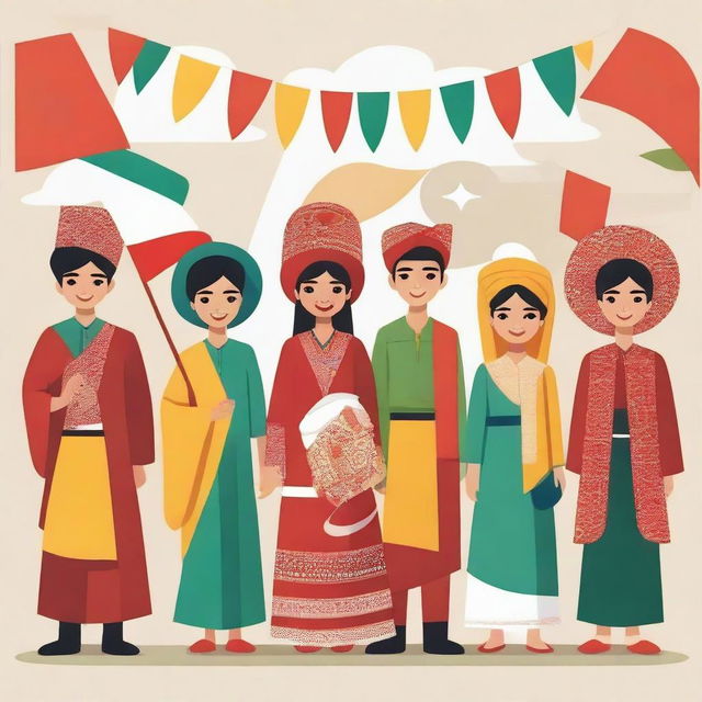 A vibrant and festive illustration of traditional Indonesian clothing worn during the 17th of August celebrations