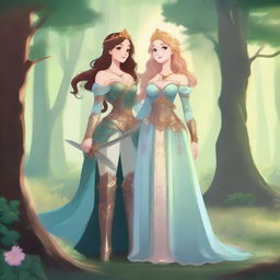 A beautiful princess standing next to her warrior girlfriend