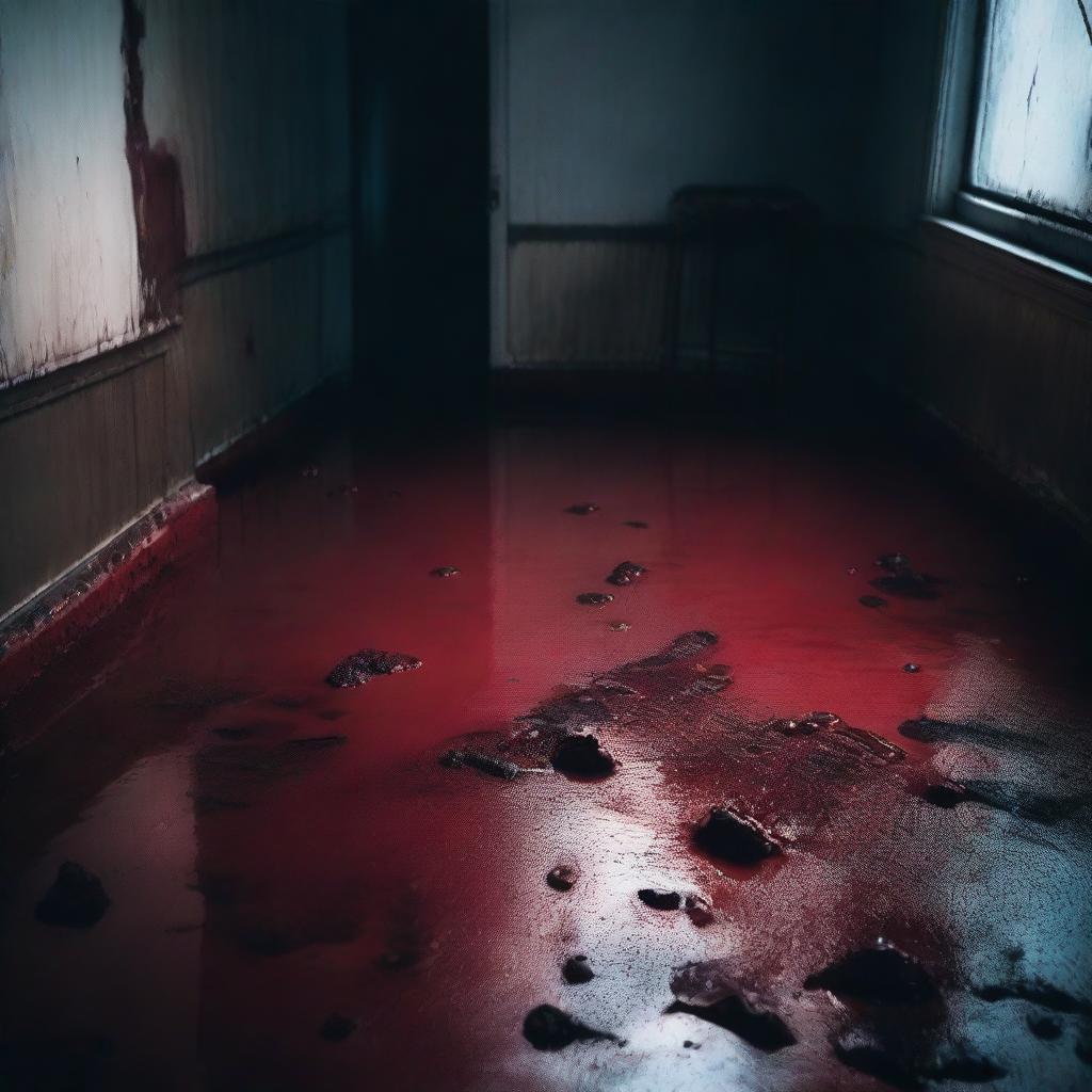 A dark and eerie scene featuring pools of blood on the ground, creating a sense of horror and dread