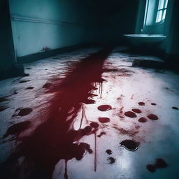 A dark and eerie scene featuring pools of blood on the ground, creating a sense of horror and dread