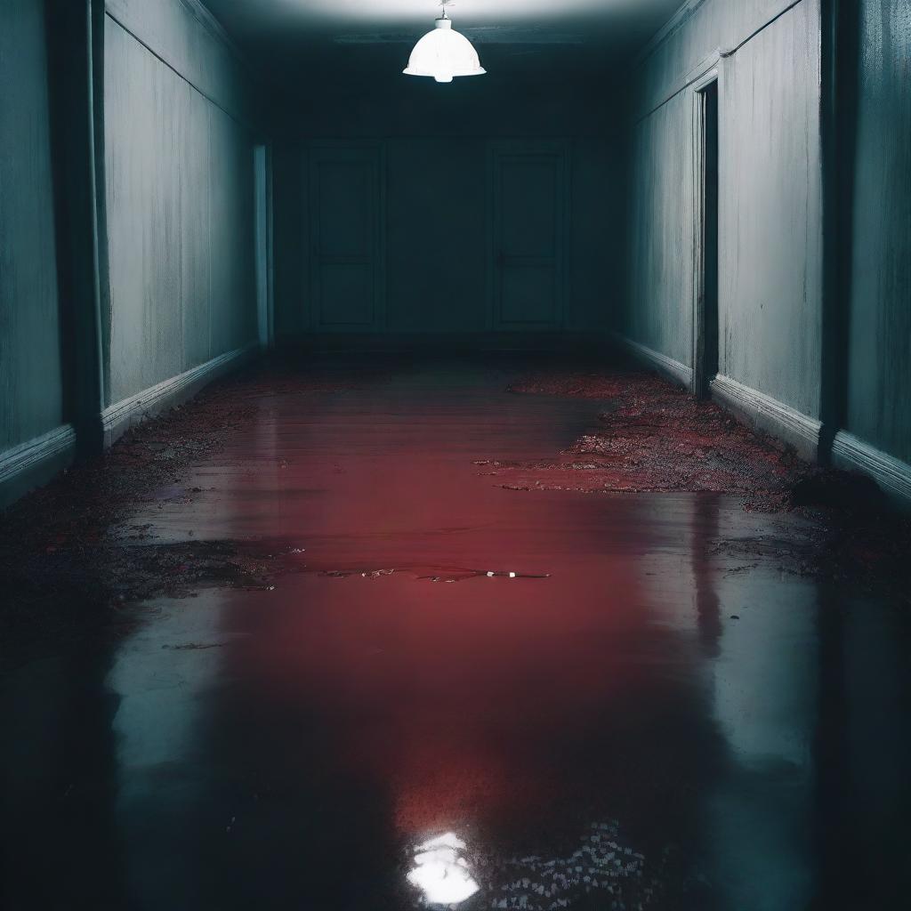 A dark and eerie scene featuring pools of blood on the ground, creating a sense of horror and dread