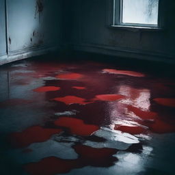 A dark and eerie scene featuring pools of blood on the ground, creating a sense of horror and dread