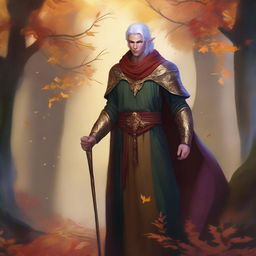 A male autumn eladrin standing in a mystical forest